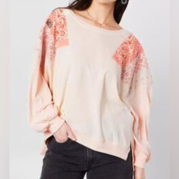 WE THE FREE by Free People Feelin' It Top Peach Mixed Fabric size Large READ - Picture 13 of 14
